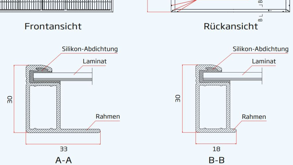 Beispiel eines Vierkantrahmens an einem Solarmodul. Veranschaulichung der speziellen Rahmenkonstruktion, die den Einsatz von C-Klemmen erfordert.