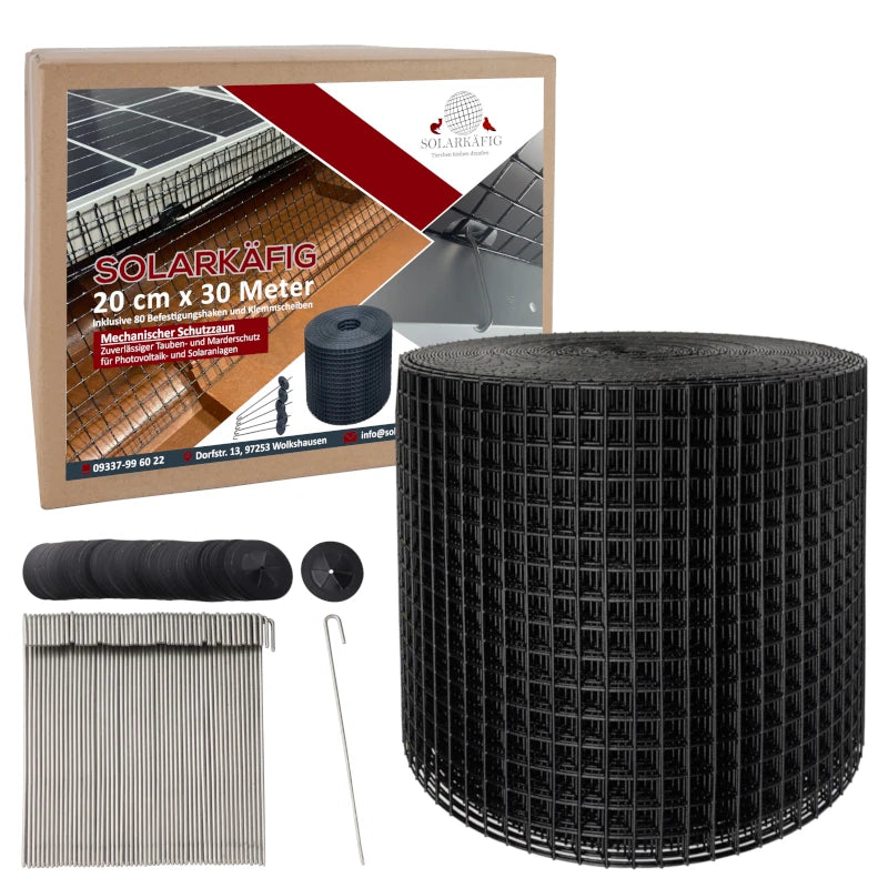 Solarkäfig Schutzzaun 20 cm x 30 Meter aus robustem verzinktem Stahldraht mit wetterfester PVC-Beschichtung, ideal für Photovoltaikanlagen.