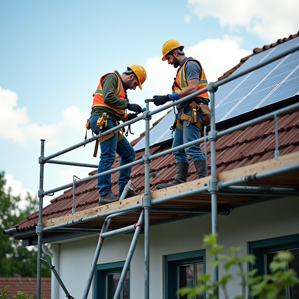 Dach mit Photovoltaikanlage, Gerüst im Vordergrund und zwei Handwerker bei der Arbeit.