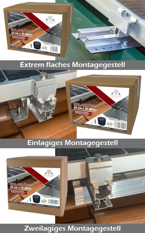 Verschiedene Montagegestelle für Solaranlagen mit den jeweils passenden Solarkäfig-Produkten.