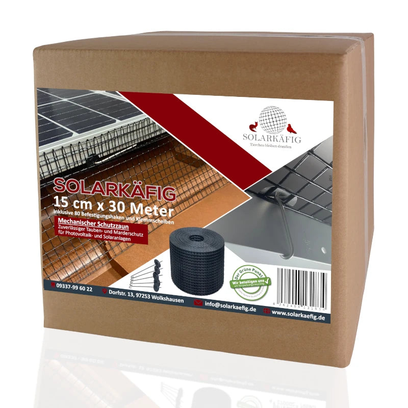 Solarkäfig Schutzzaun 15 cm x 30 Meter aus verzinktem Stahldraht mit UV-beständiger schwarzer PVC-Beschichtung für effektiven Taubenschutz.