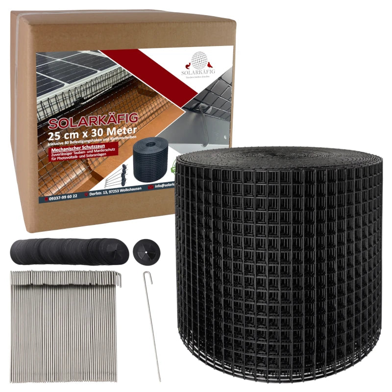 Solarkäfig Schutzzaun 25 cm x 30 Meter aus langlebigem verzinktem Stahldraht, geeignet für hohe Montagesysteme und optimalen Taubenschutz.