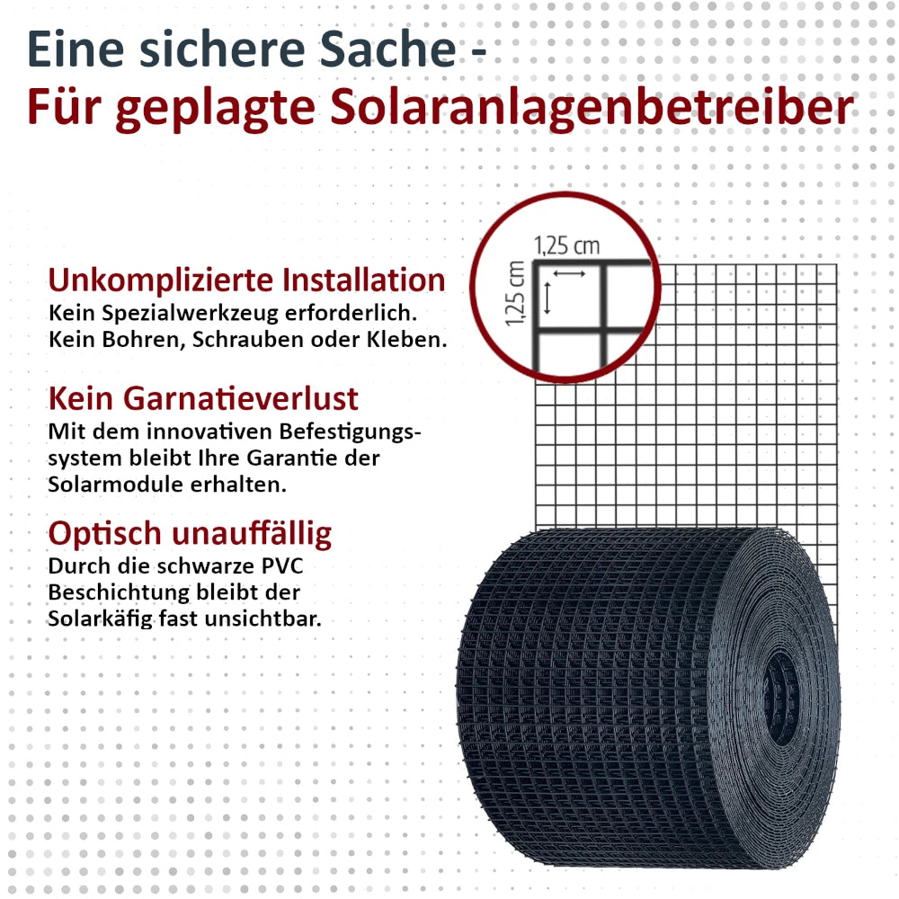 Rolle Solarkäfig-Schutzzaun mit Fokus auf einfache Installation, garantiert keinen Garantieverlust der Solarmodule und bleibt optisch unauffällig auf dem Dach.