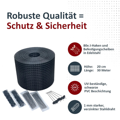 Rolle Solarkäfig-Schutzzaun mit Icons und wichtigsten technischen Daten wie Höhe, Länge, Maschenweite und Material, ideal für effektiven Schutz von Solaranlagen.